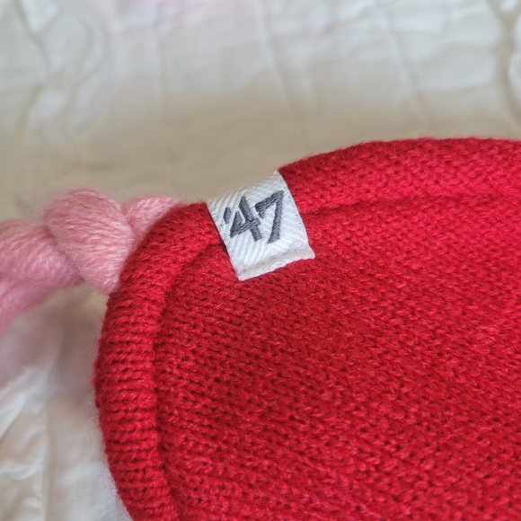 '47 Official NHL Carolina Hurricanes Knit Hat Kids Red With Pink Hearts & Braids - Picture 10 of 14